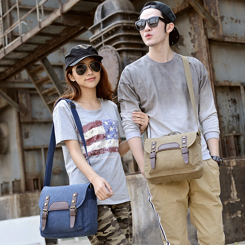Vintage unisex travel two sided brown cotton canvas single shoulder messenger bag