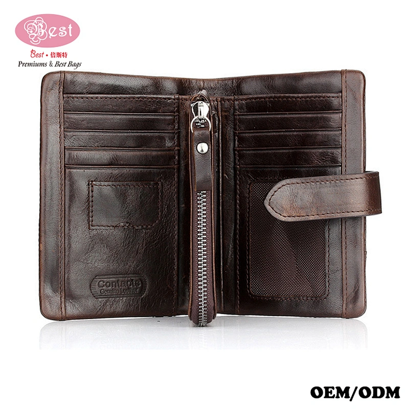 Wholesale Custom Genuine Cowhide Leather Wallet RFID Blocking Zipper Wallet for Man