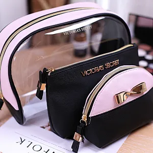 Wholesale luxury transparent clear pvc makeup pouch toiletry cosmetic make up bag set