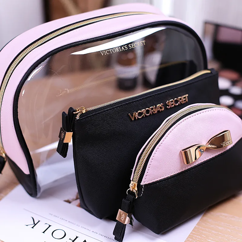 Wholesale luxury transparent clear pvc makeup pouch toiletry cosmetic make up bag set