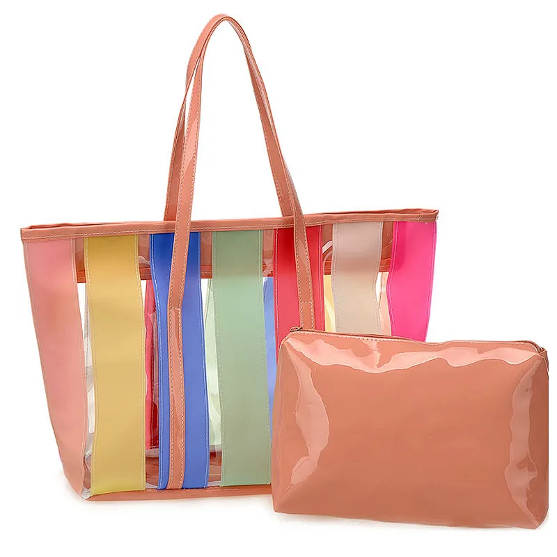 Custom cheap recycled large waterproof printed colorful pvc stripe beach tote bag