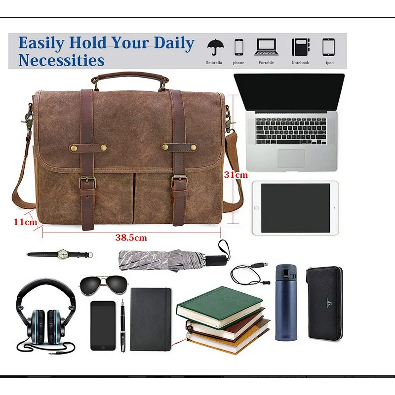 Waterproof Messenger Bag Genuine Leather Waxed Canvas 15.6 Inch personalized gift bags life spirit bags