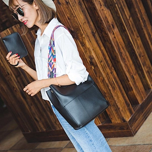 Custom cheap plain vintage japanese black pu leather woman ladies bucket shoulder bag