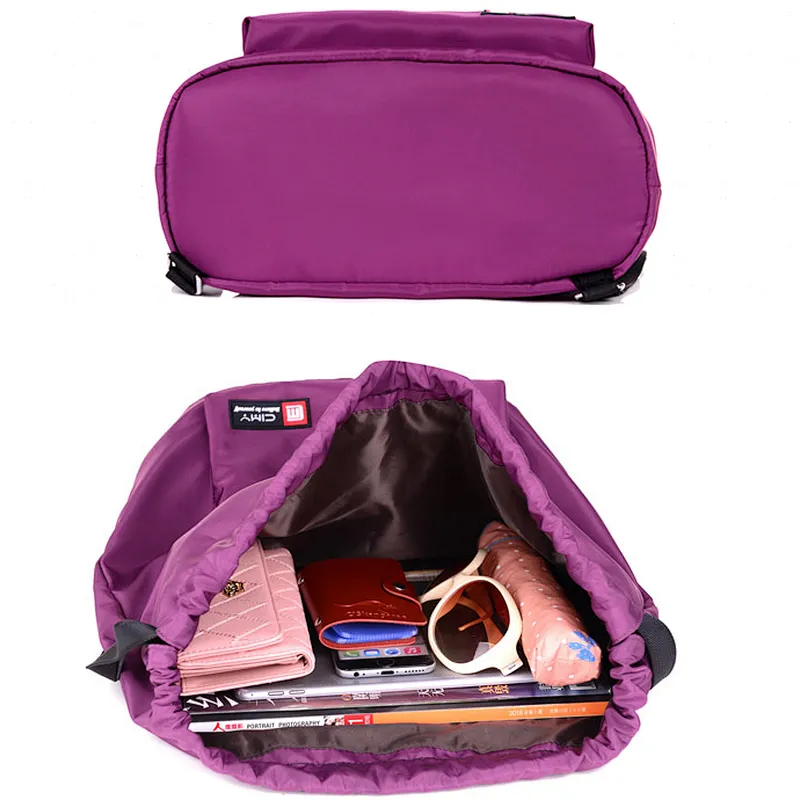 Small waterproof nylon drawstring beach backpack bag with front zipper pocket