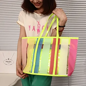 Custom cheap recycled large waterproof printed colorful pvc stripe beach tote bag