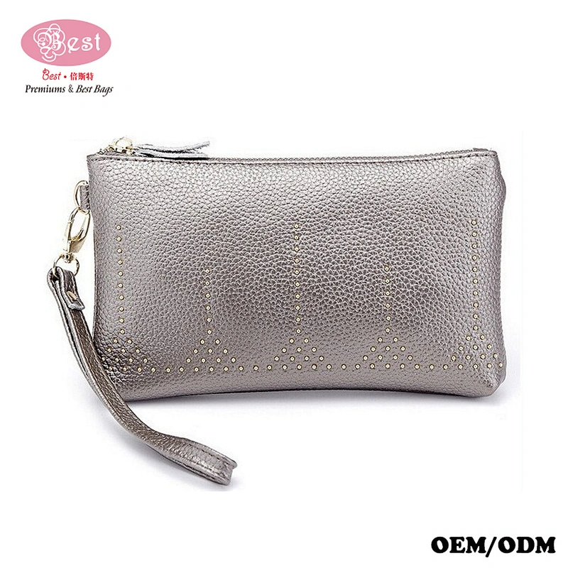 Amazon Hot Selling Pebbled Cowhide Leather Women Clutch Wallet with Wristlet Sparkling Studded Evening Purse Wallet