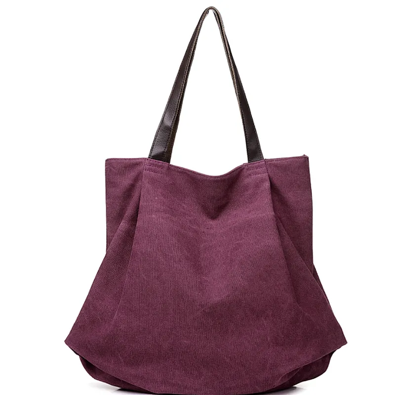 Ladies folding brown canvas tote bag handle shoulder shopping handbag for women