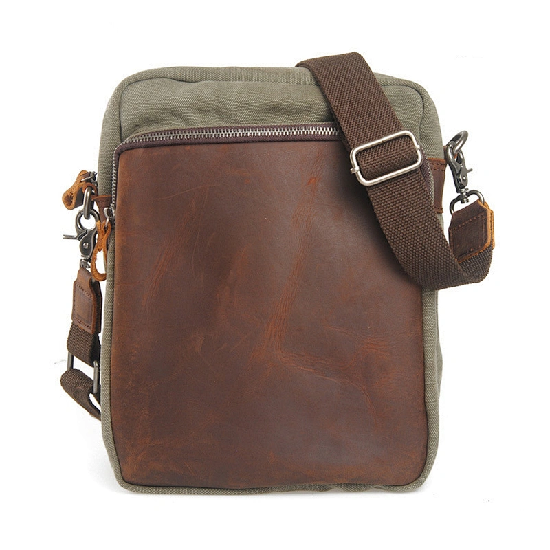 Men's Waxed Canvas Messenger Bags Vintage Genuine Leather Shoulder Bags Portable Computer Laptop Bag