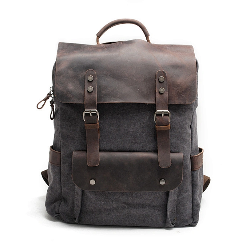 Men Outdoor Laptop Vintage Crazy Horse Leather Canvas Backpack