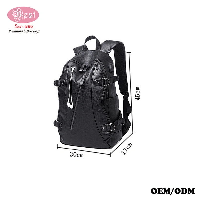 Waterproof Men Shoulder Bag Black Pu Leather 14inch Laptop Backpack