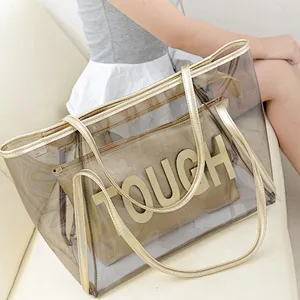 fancy printed colorful transparent clear gold pvc shopping beach tote bag