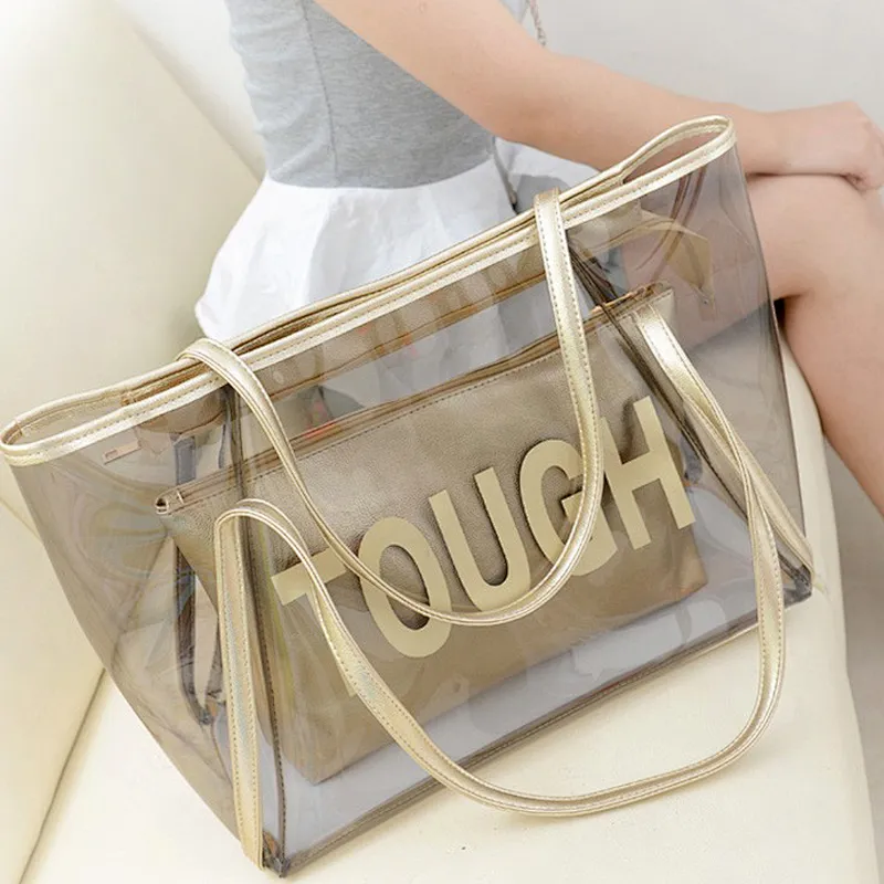 fancy printed colorful transparent clear gold pvc shopping beach tote bag