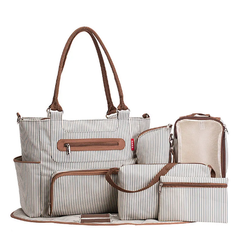Extra large wet dry 3 in 1 grey stripe girl mum mummy baby diaper bag set