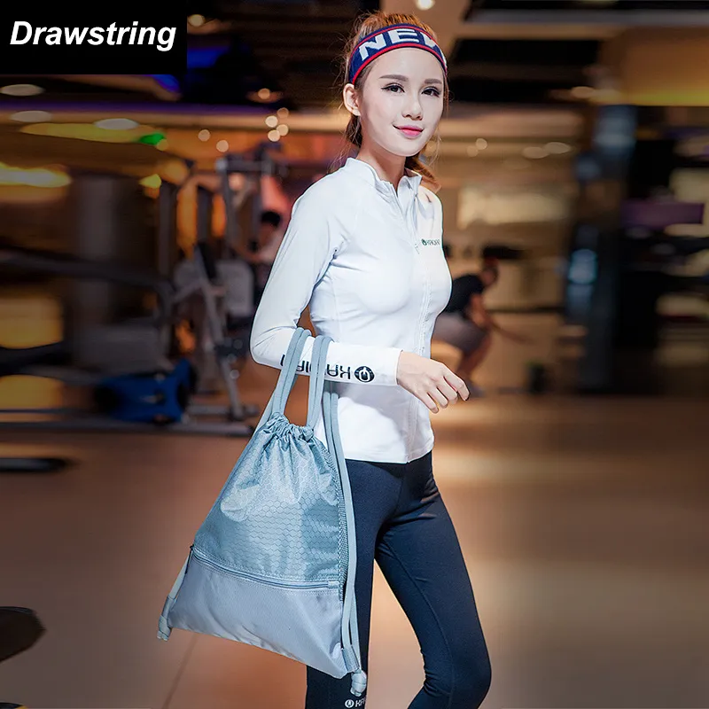 Custom print polyester gym string backpack drawstring bag with front zipper pocket
