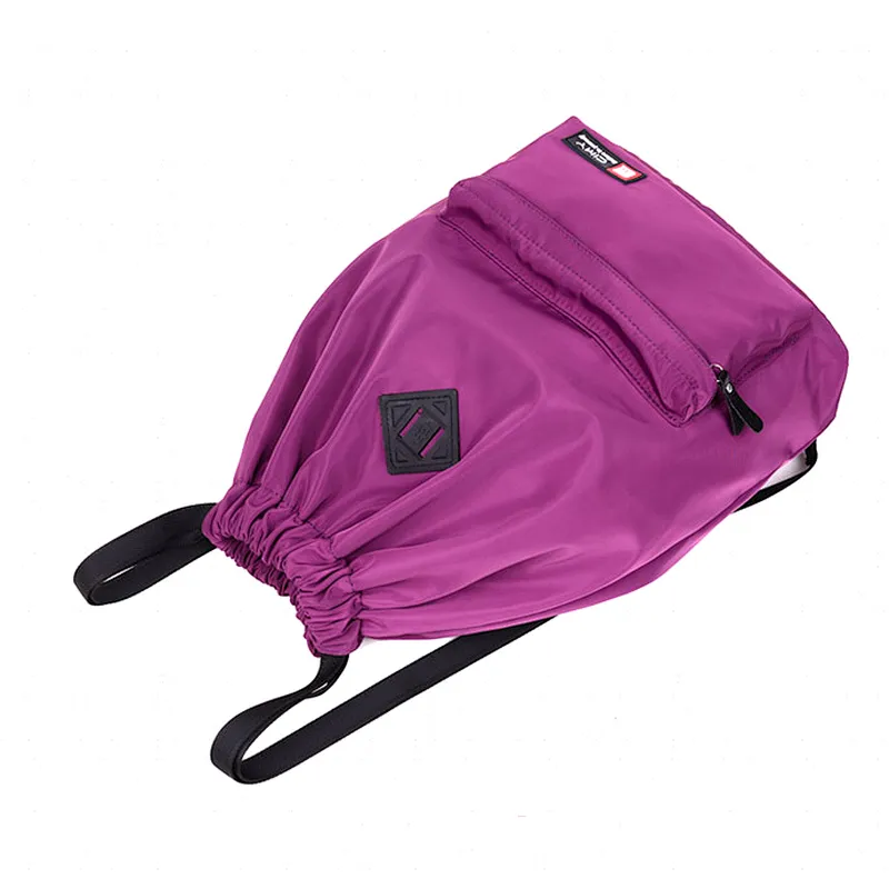Small waterproof nylon drawstring beach backpack bag with front zipper pocket