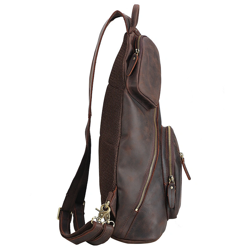 Fashion Western Style Shoulder Bag Large Capacity Multi-function USB Charging  Retro Bag Crazy Horse Leather Chest Bag for Men