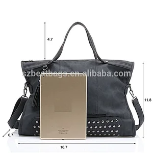 Punk Motorcycle Rivet Studded Tassel Slouchy Nubuck Pu Leather Top Handle Hobo Bag Women Handbag