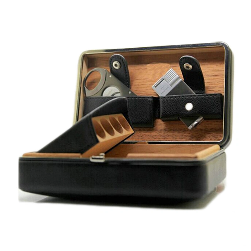 Portable Leather Cigar Case and Box for Travel Spanish Cedar Wood Cigar Humidor