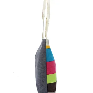 Wholesale standard size natural foldable cotton canvas stripes zipper pouch tote shopping bag