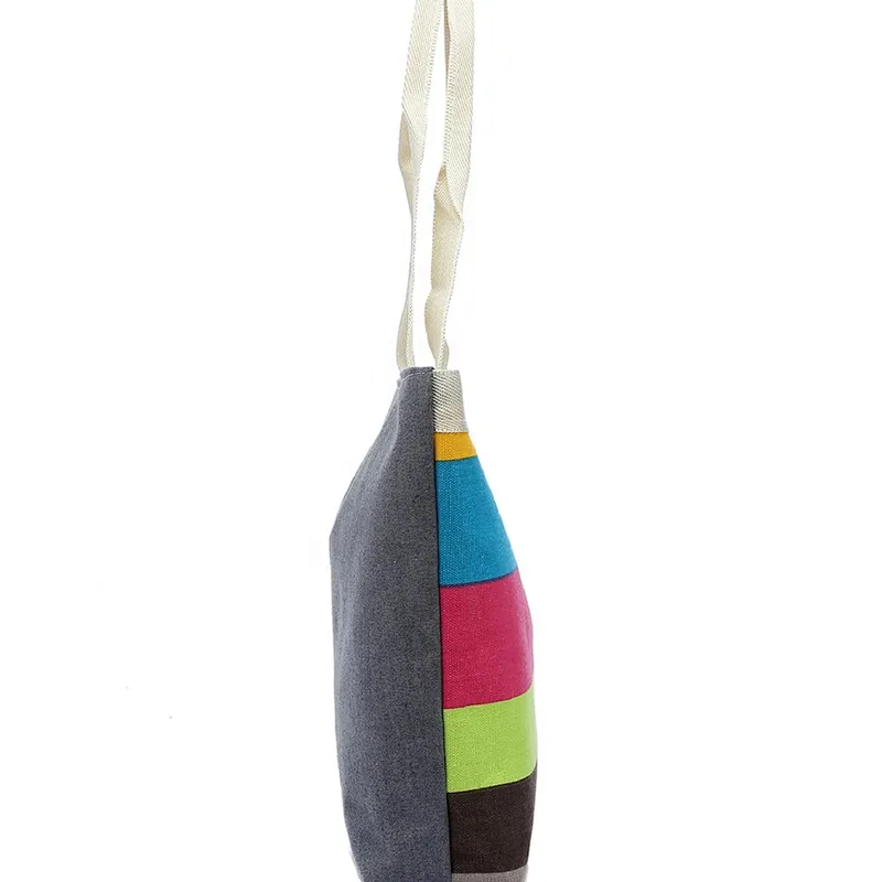 Wholesale standard size natural foldable cotton canvas stripes zipper pouch tote shopping bag