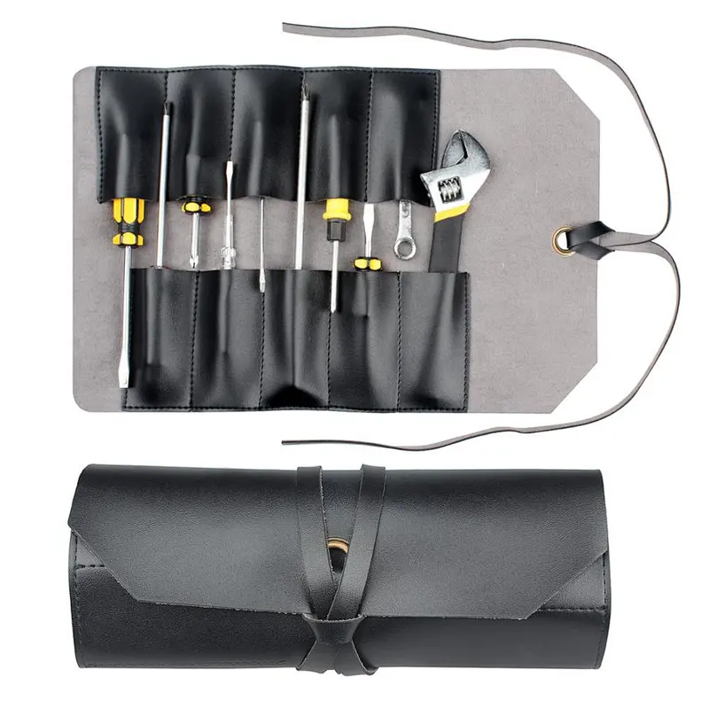 Waxed real leather Chef Knife Roll Bag Heavy Duty Storage Knife Cutlery Tool Case with 6 Slots Wrapping Strap handbag