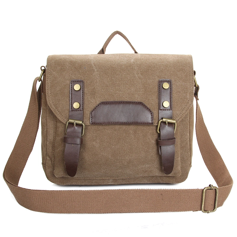 Vintage unisex travel two sided brown cotton canvas single shoulder messenger bag