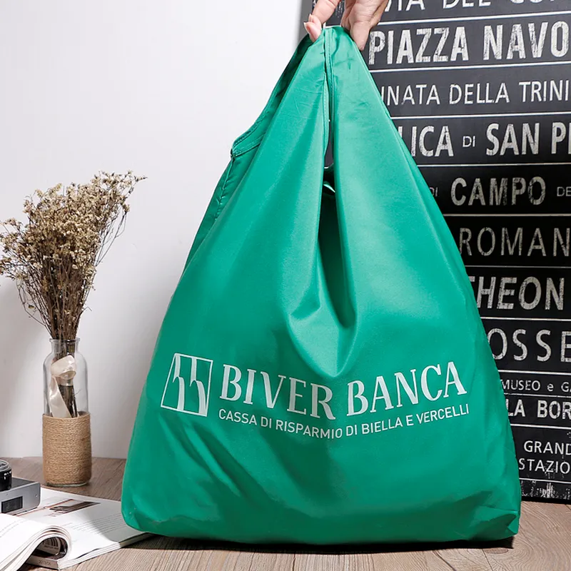 Promotional reusable recycle collapsible colored poly polyester t-shirt shopping bag