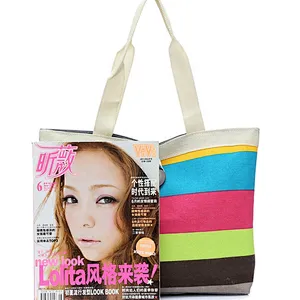 Wholesale standard size natural foldable cotton canvas stripes zipper pouch tote shopping bag