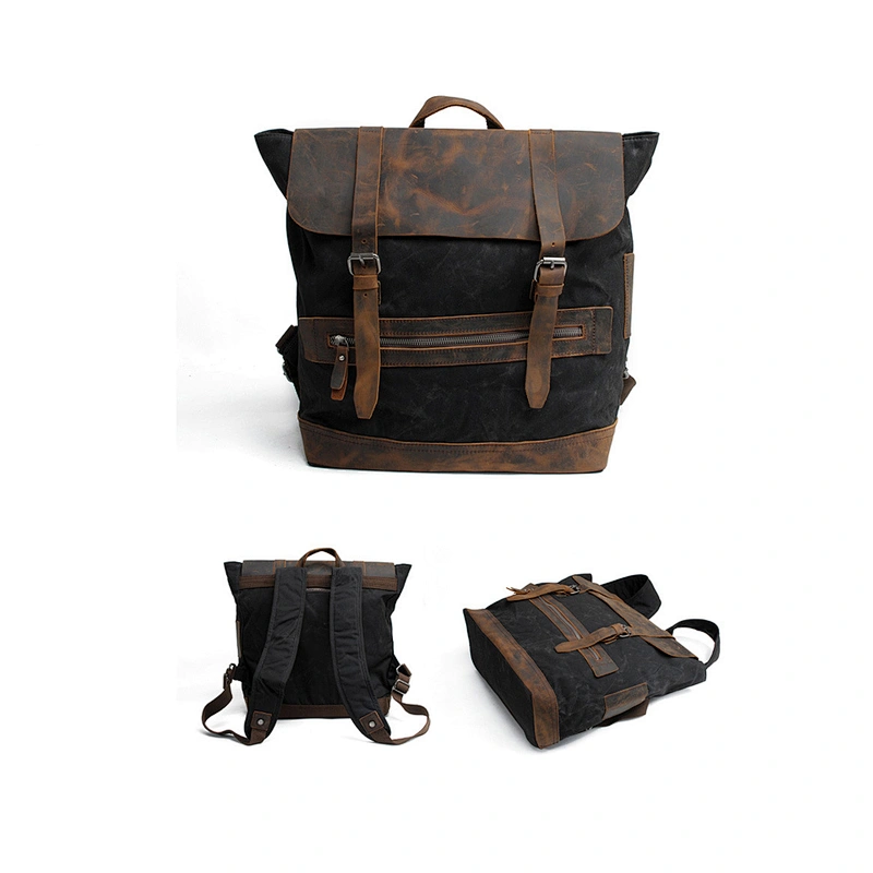 Outing Travel Canvas Rucksack Real Leather School Day Back Pack Laptop Notebook Bags
