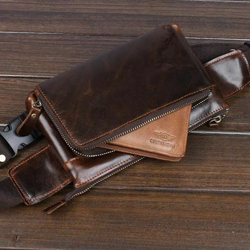 Men Waist leather fanny pack Outdoor Chest Bag