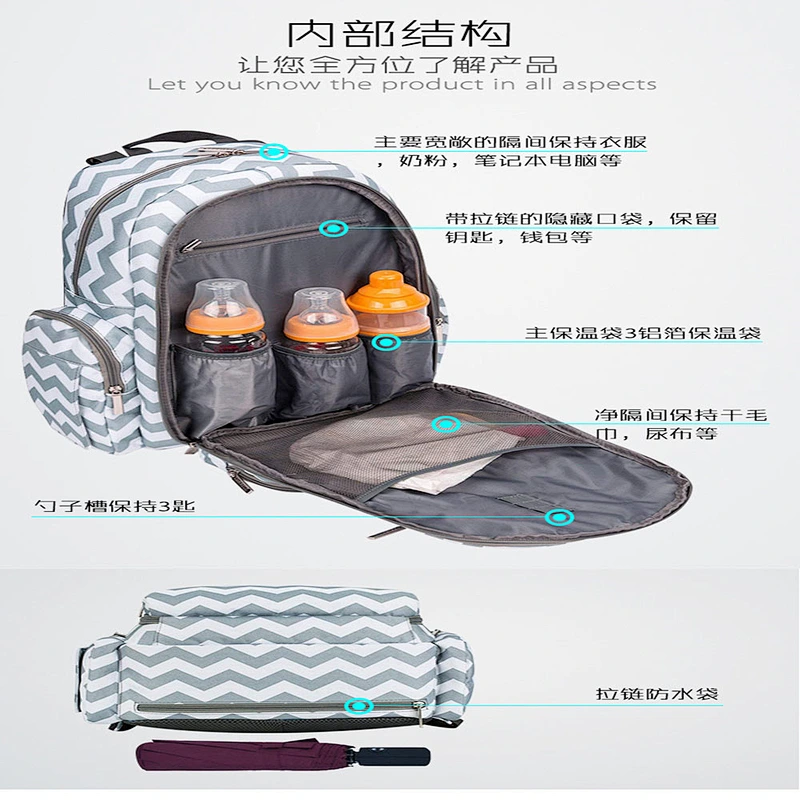 Multi-function large capacity waterproof USB port leisure nylon mum & baby backpack for travel or camping