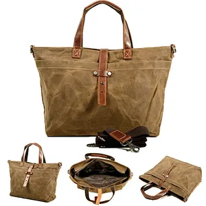 Vintage Oil Wax Canvas Classic Handbag Tote Shoulder Bag for Business Laptops