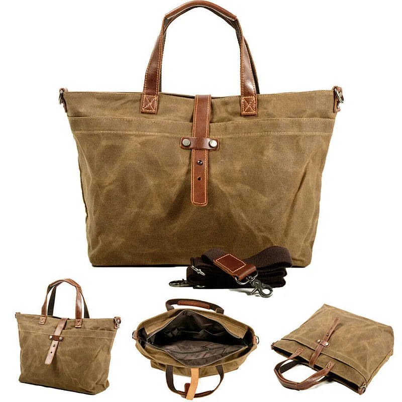 Vintage Oil Wax Canvas Classic Handbag Tote Shoulder Bag for Business Laptops