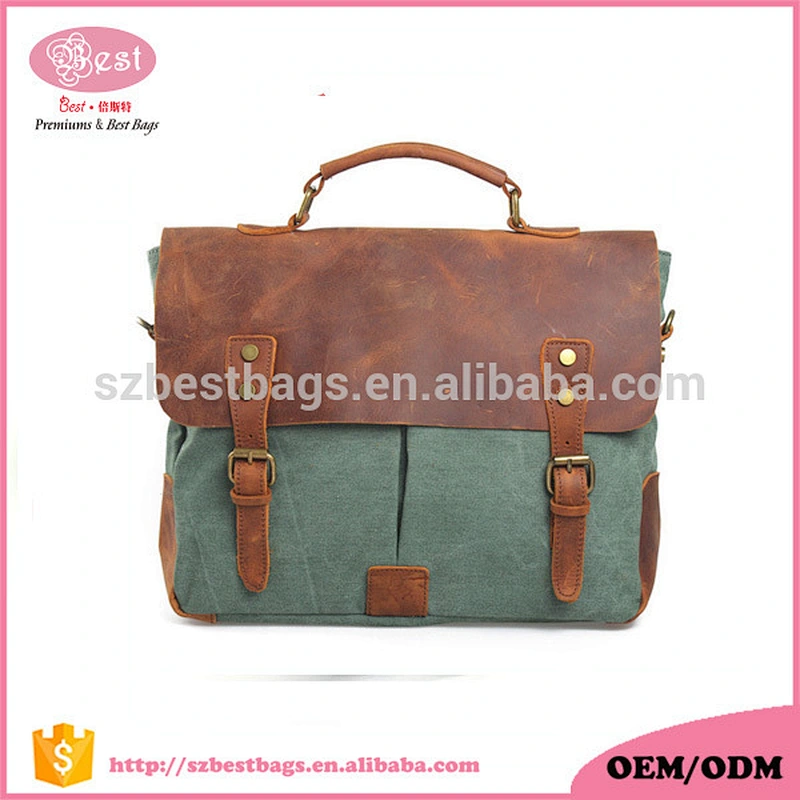 High quality vintage canvas crossbody bag with handle crazy horse leather bag