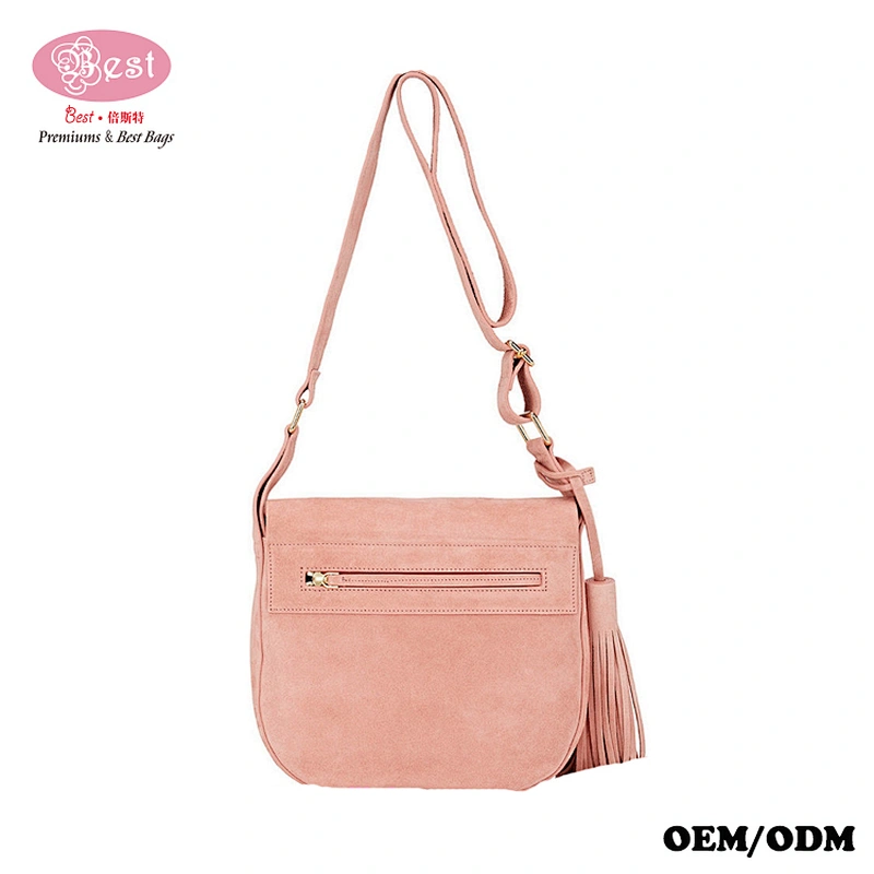 Hot Selling Designer Branded Pink Suede Leather Small Saddle Bag with Tassel Charm Hobo Bag for Lady