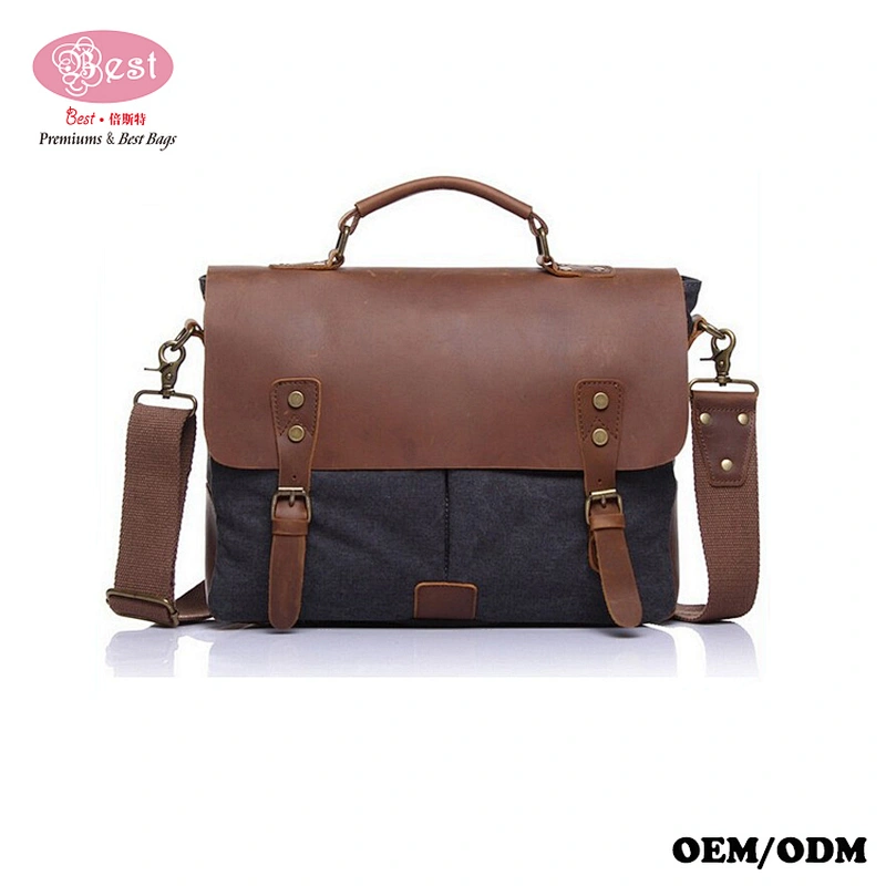 China Hot Sell Vintage Canvas with Crazy Horse Leather Trimmings Shoulder Bag Men Messenger Bag