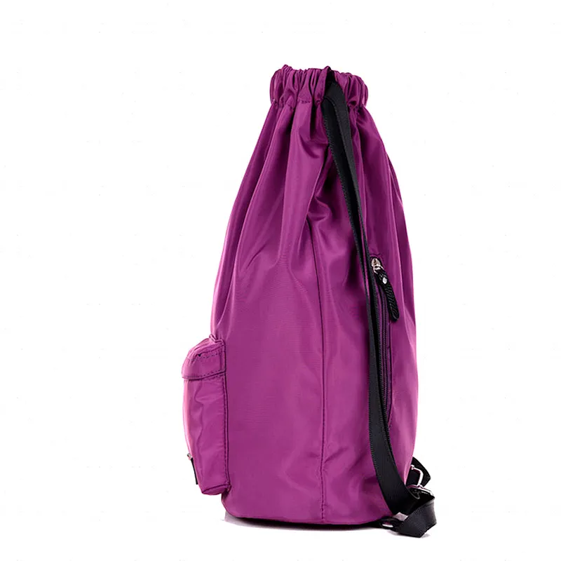Small waterproof nylon drawstring beach backpack bag with front zipper pocket