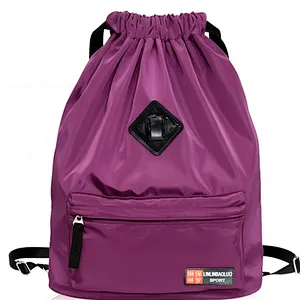Small waterproof nylon drawstring beach backpack bag with front zipper pocket