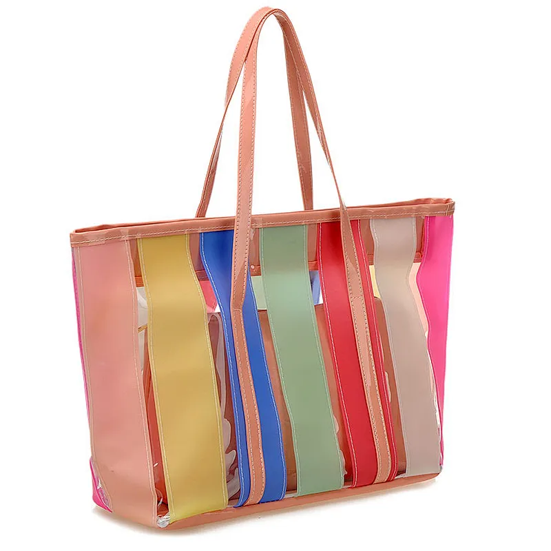 Custom cheap recycled large waterproof printed colorful pvc stripe beach tote bag