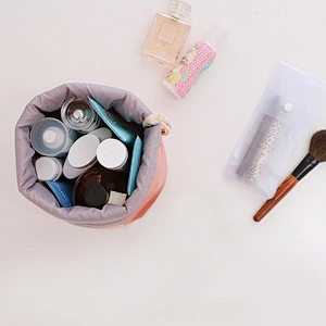 Small pink makeup organizer drawstring cosmetic toiletry bag for travel