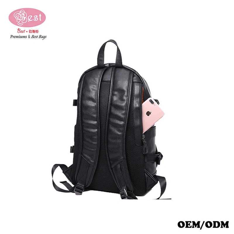 Waterproof Men Shoulder Bag Black Pu Leather 14inch Laptop Backpack