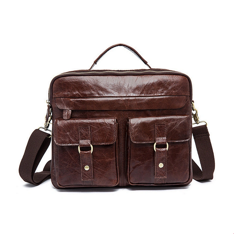 Vintage Mens Business Briefcase Top Grain Cowhide Leather Shoulder Bags