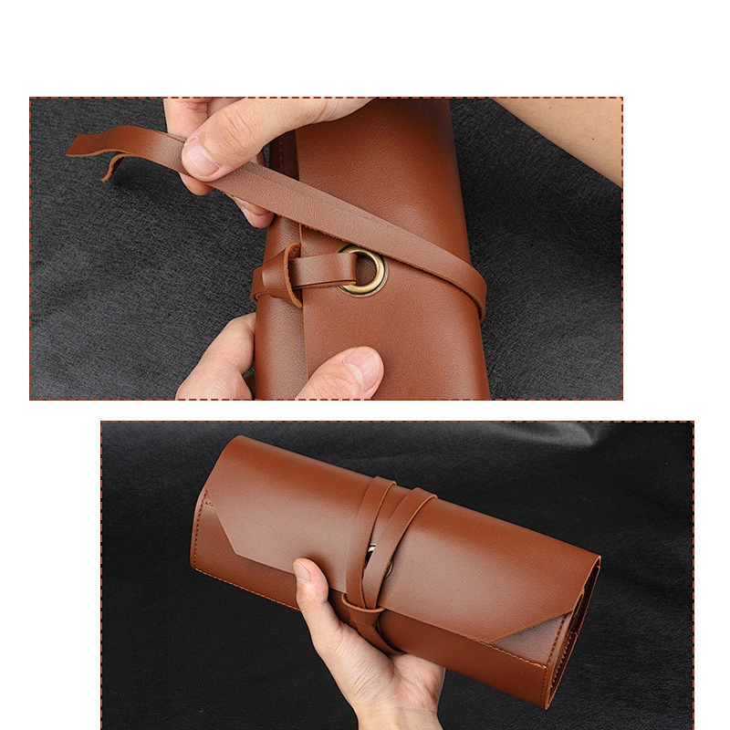 Waxed real leather Chef Knife Roll Bag Heavy Duty Storage Knife Cutlery Tool Case with 6 Slots Wrapping Strap handbag