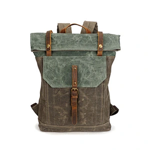 Vintage Genuine  Leather Backpack Canvas Laptop Backpack Waterproof bag For Men