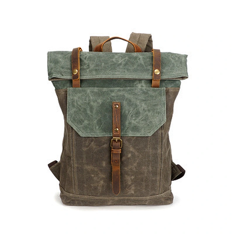 Vintage Genuine  Leather Backpack Canvas Laptop Backpack Waterproof bag For Men