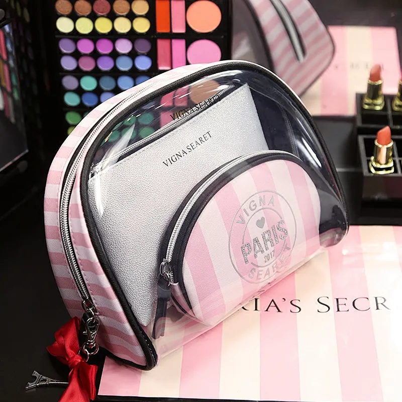 Wholesale luxury transparent clear pvc makeup pouch toiletry cosmetic make up bag set