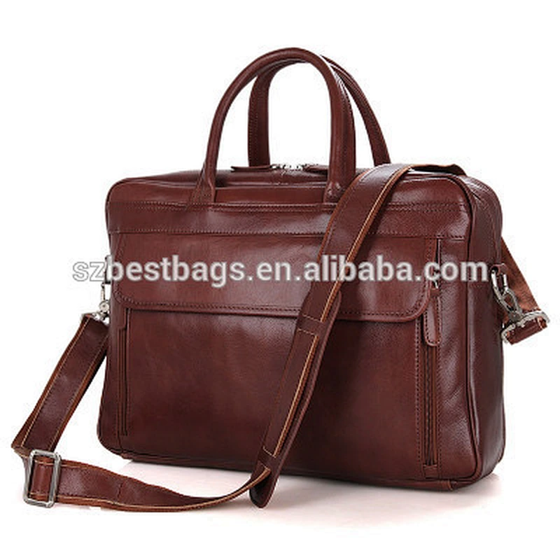Brown-red Genuine Leather 15-inch Business Laptop Handbag With a Long Adjustable Shoulder Strap