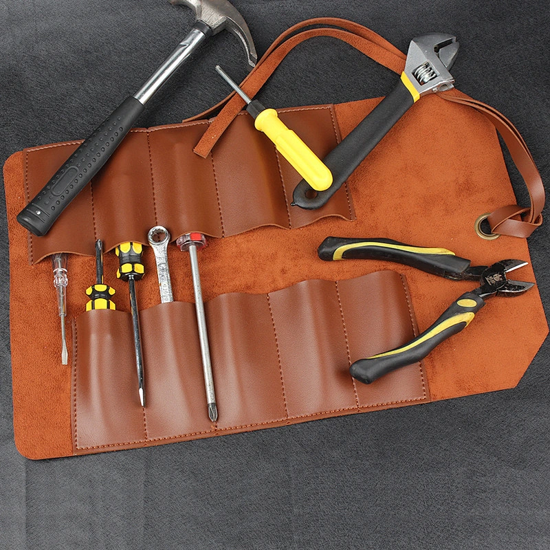 Waxed real leather Chef Knife Roll Bag Heavy Duty Storage Knife Cutlery Tool Case with 6 Slots Wrapping Strap handbag