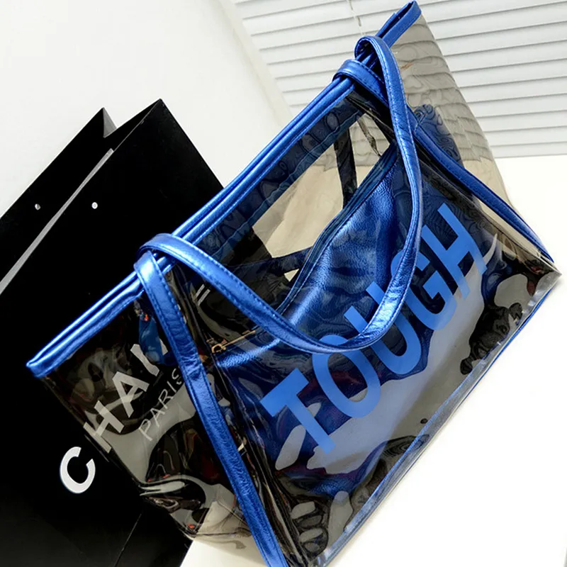 fancy printed colorful transparent clear gold pvc shopping beach tote bag