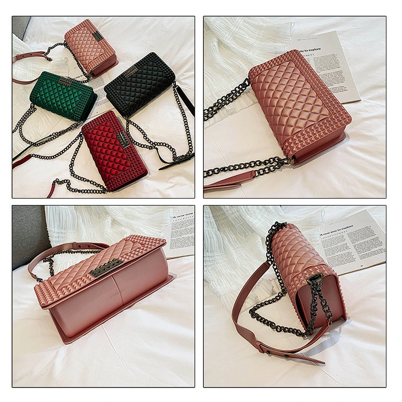 2019 fashion hot style Classic Shopping Street Silicone Jelly Quilted Crossbody Bag Girls Side Purse Clutch with Chain